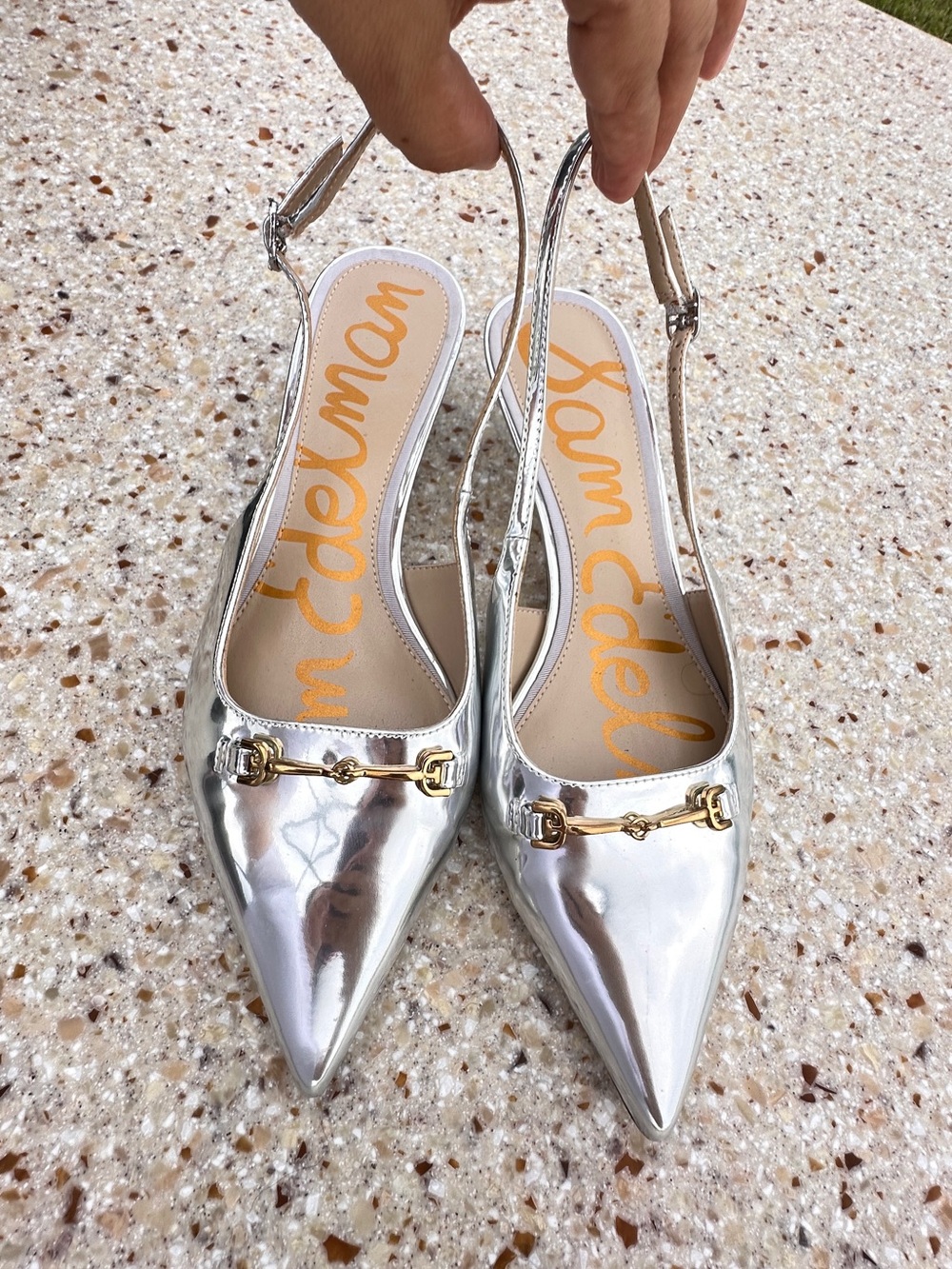 Sam Edelman Womens Fitzgerald Silver Pointy Toe Slingback Kitten Heels Sz 7